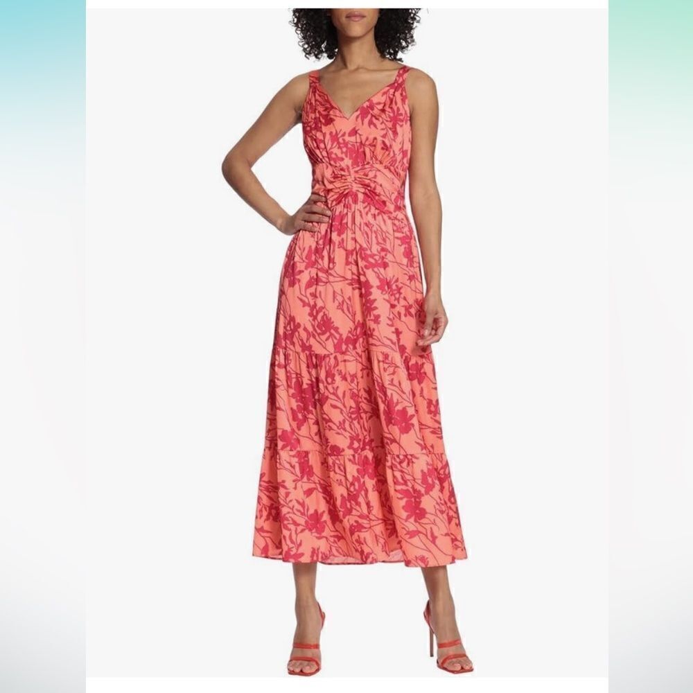 Maggie London Ruched Tiered Skirt Maxi Dress Size 12 Petite in Coral and Pink